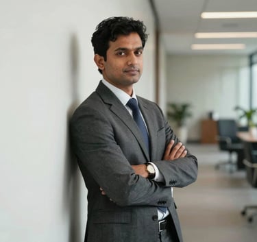 A confident South Asian chartered accountant leaning against a clean white wall in a modern office lobby, looking professional and approachable, soft natural lighting.