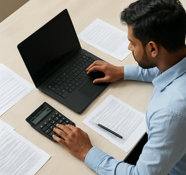 Top-down photography of a South Asian professional using a laptop and calculator with neatly organized tax documents on an off-white wooden desk in a bright room.