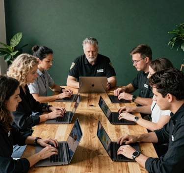A sophisticated North American agency team collaborating in a cozy, sunlit studio with a large wooden table. They are reviewing food photography on laptops and tablets, with a minimalist Scandinavian decor and deep forest green accents in the background.