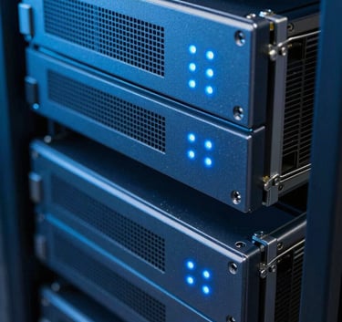 A close-up of high-speed server hardware in a data center. Sleek steel blue metal surfaces with glowing soft azure indicator lights. Professional architectural photography.