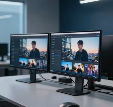A high-end workspace featuring clean, slim monitors showing high-definition streaming video content. The surrounding environment is a modern tech office with soft azure and deep navy ambient lighting.