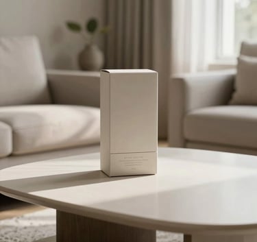 A high-end, minimalist British living room interior with soft natural light, featuring a premium lifestyle product in subtle packaging on an off-white coffee table.