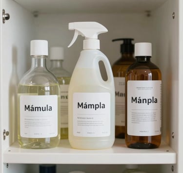 A collection of household essential products with clean, simple label designs, arranged neatly in a bright, modern British pantry, soft focus background.