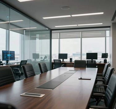 A wide-angle shot of a sleek, professional corporate boardroom in Kazakhstan, featuring glass walls and high-end technology, reflecting a secure air-gapped environment, natural daylight.