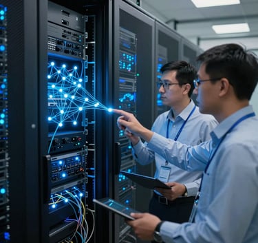 A secure, high-tech server room in Almaty with Central Asian / Kazakhstani technical experts monitoring glowing blue network nodes, symbolizing data sovereignty and on-premise AI power.