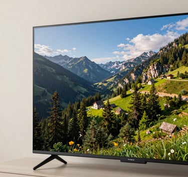A close-up photograph of a sleek, thin Smart TV screen displaying a vibrant 8k landscape image, set against an off-white wall in a modern Al Nahda apartment.