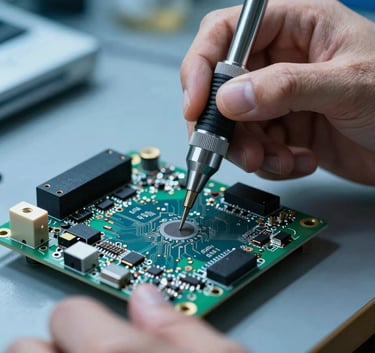 Macro photography of a skilled technician's hands using a precision tool on a complex Smart TV circuit board, illuminated by steel blue workshop lighting.