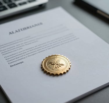 A detailed close-up of a professional legal document with a clear notary seal on a light slate grey surface, photographed in a well-lit North American / US office setting with muted blue accents.