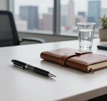 A professional photography shot of a clean, organized desk in a North American / US office with a view of a city skyline. On the desk is a high-quality pen, a leather-bound notebook, and a small glass of water, symbolizing efficiency and clarity.