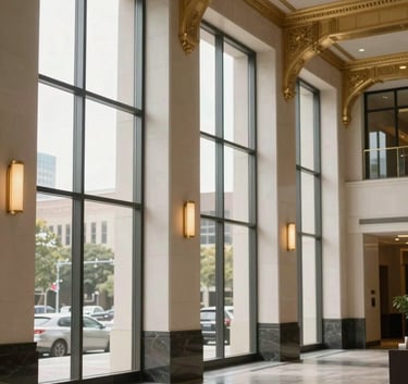 A sophisticated and clean corporate lobby with large windows and gold architectural details in a North American / Mexican business district, natural soft lighting.