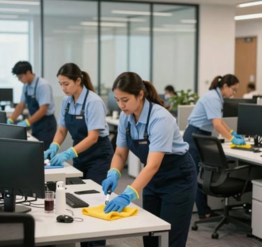 A group of professional cleaning staff in tidy uniforms working in a large, modern office with glass partitions and white desks, North American / Mexican workplace.