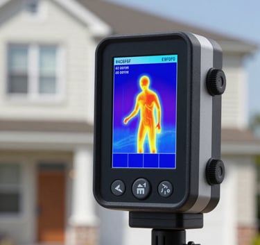 View of a professional thermal imaging camera displaying heat loss analysis on a residential property's facade. Scientific and precise atmosphere, utilizing brand colors #4C6F6F and #E9F0F0 for a high-tech, reliable look.