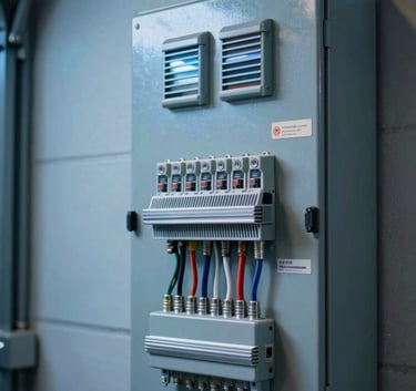 A close-up of a modern, organized residential electrical panel with professional wiring in a North American / US garage setting, illuminated by steel blue workspace light.