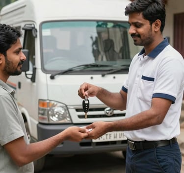 A professional logistics driver in a South Asian / Indian urban residential area handing over car keys to a satisfied customer after a successful delivery, with a clean transport vehicle in the background.