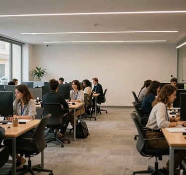 A modern coworking space in an Iberian city, professional atmosphere, neutral tones, sophisticated lighting, representing growth and connection.