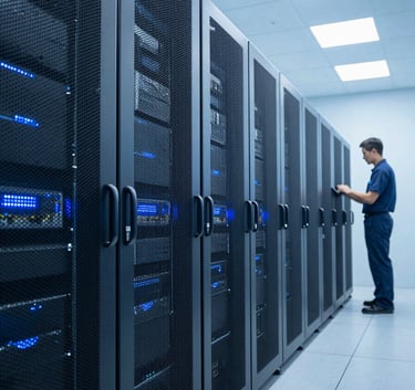 A clean, high-performance IT server room with rows of glowing racks in soft sky blue. A technician in professional attire is working in the background of this Global Business facility.