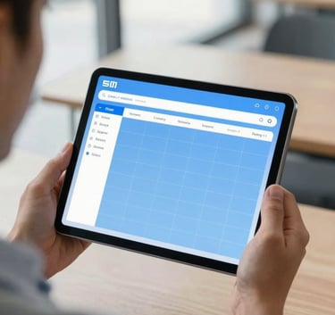 A close-up of a professional in a North American / US business environment holding a tablet. The screen displays a clear, sky blue scheduling interface. Bright natural lighting through glass windows creates a transparent and trustworthy mood.