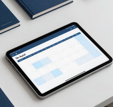 A high-angle photograph of a sleek, modern workstation in a North American / US office. A digital tablet displays an organized calendar with sky blue highlights. The background shows professional deep navy blue stationery and a clean white desk.