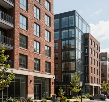 Exterior view of a luxury multi-family residential complex with modern brick and glass architecture, clean landscaping, North American / Canadian French city setting, bright daylight.