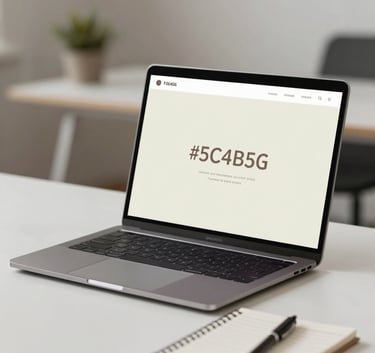 A minimalist, high-end office desk setup featuring a sleek laptop and a notepad on a clean surface. The background is a soft-focus professional interior. Neutral and calm lighting using the brand palette colors #F0EAD6 and #5C4B5C to evoke efficiency and order.