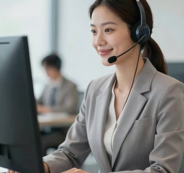 A professional woman wearing a modern headset, smiling calmly while looking at a computer screen in a bright, clean office. The style is professional and user-centric, with a focus on empathy and efficiency. Lighting is soft and natural, with accents of #5C4B5C and #B8A1A1.