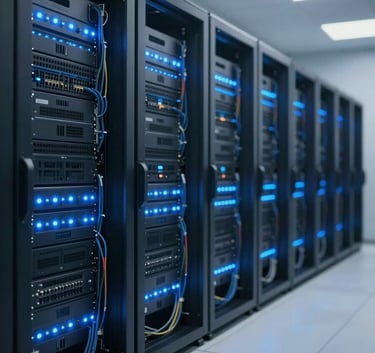 A high-tech server room with professional lighting, showing rows of servers with glowing blue LEDs (#60A5FA) and neatly organized network cables, wide angle, professional photography style.