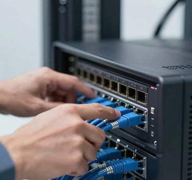 A close-up of a professional network engineer's hands working on a high-end Cisco router, using blue-coded cables (#60A5FA), clean studio lighting, shallow depth of field.