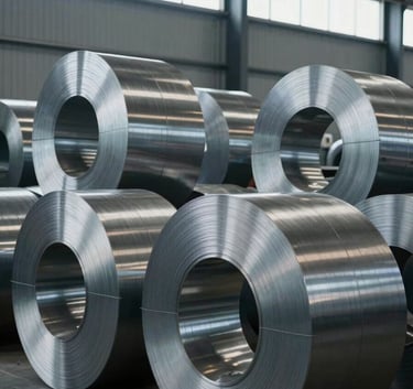 Professional photography of high-quality stainless steel coils stored in a clean, modern warehouse, soft daylight coming from high windows, Global / Industrial B2B aesthetic, colors dominated by grey and dark blue.