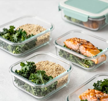 An editorial flat-lay of several premium glass meal prep containers. Inside are colorful, healthy ingredients like kale, quinoa, and grilled salmon. The background is a clean white textured surface, emphasizing a Gen Z-friendly, healthy lifestyle aesthetic with Sage Green (#A3BFB0) accents.