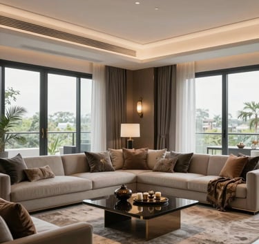 Interior shot of a luxury modern Indian apartment, showing a spacious living room with South Asian decor elements, large windows, and sophisticated lighting.