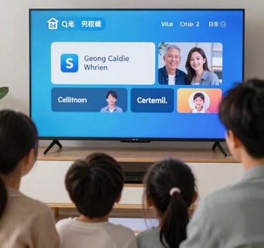A happy family in a North American / US living room, illuminated by the soft blue glow of a large TV screen, showcasing high-quality cable services with a clean, modern aesthetic.