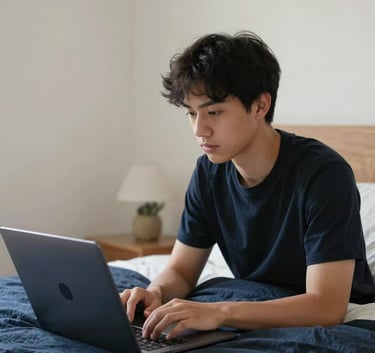 A student using a laptop in a bright North American / US bedroom with off-white walls and deep navy bedding, emphasizing reliable internet connectivity for remote work.