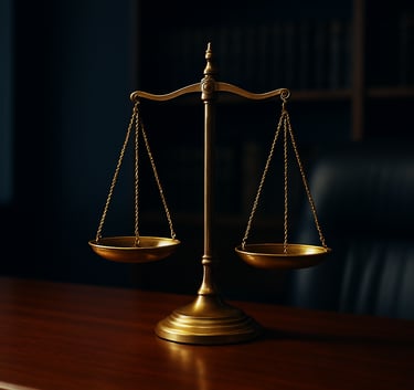 A refined still life of the Scales of Justice on a mahogany desk in a modern Australian law office, deep navy shadows and soft golden highlights.
