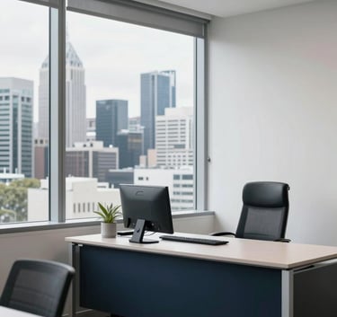 A professional Australian legal office setting with a view of a city skyline through large windows, bright and airy with clean white walls and dark navy accents.
