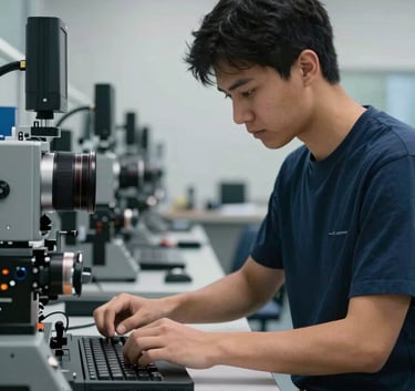 A focused North American / US student in a high-tech training center, working on a complex project. The environment is clean and professional with steel blue and muted slate accents.