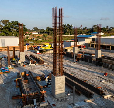 Vista detallada de una cimentación de concreto y estructuras de acero de alta calidad en un sitio de construcción en Latinoamérica, luz natural de mañana, enfoque profesional en ingeniería civil.