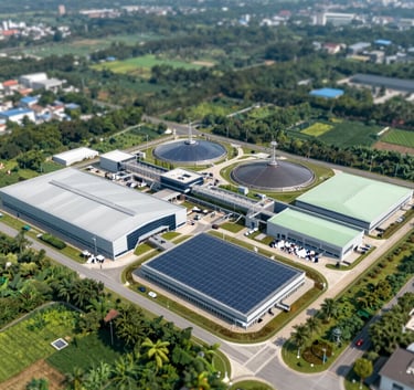 Aerial view of a modern, eco-friendly waste processing facility integrated into a lush green landscape, showing sophisticated architecture and solar arrays, incorporating #1B3A32 and #F0F4EF.