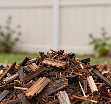 Close-up of freshly ground wood mulch in a residential garden. The background shows an off-white garden fence and pale green foliage, North American setting.