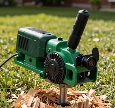 A heavy-duty stump grinder in a North American backyard. The machine is painted a dark green and medium green. Sunlit wood chips contrast with the green grass.