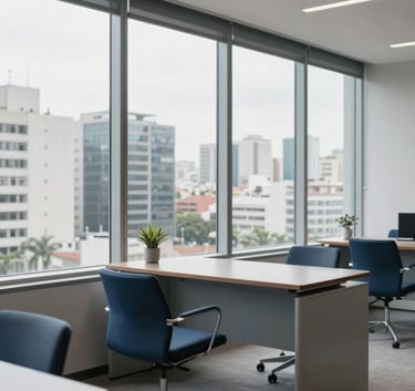 Professional photography of a light-filled office interior in a Brazilian business district. Large windows overlooking a cityscape, modern minimalist furniture in shades of steel blue and light gray, creating a sense of professional calm and precision.