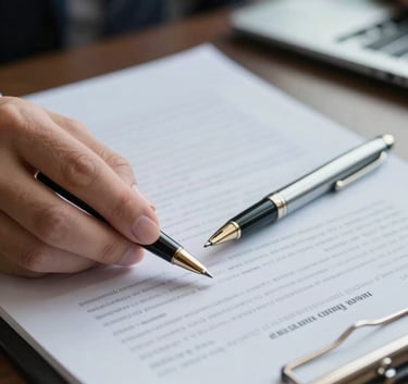 A close-up of professional business documents and a high-end pen on a desk, representing meticulous administrative care. South American / Brazilian corporate setting, professional and trustworthy atmosphere with light gray and steel blue tones.