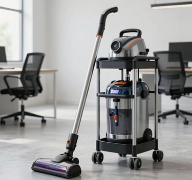 Professional cleaning equipment like a high-end vacuum and organized caddy placed in a bright, minimalist Dutch office space, emphasizing efficiency and modern professionalism.