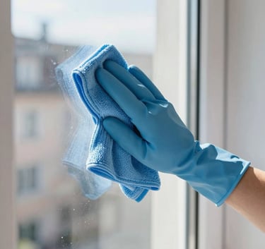 Close-up of a professional cleaner's hands in blue gloves using a microfiber cloth to wipe a sunlit glass window in a modern Northern European home, bright and clean atmosphere.