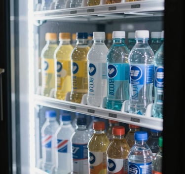 Close-up of high-quality energy drinks and electrolyte hydration bottles neatly arranged inside a brightly lit, refrigerated industrial vending machine. The glass reflects a busy warehouse environment in Oceania / Australian.