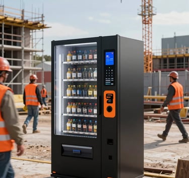 A professional wide-angle photograph of a modern, sleek black and orange smart vending machine standing on an active construction site in Oceania / Australian. Construction workers in high-visibility orange vests walk by. The background shows steel scaffolding and a crane under a clear sky.