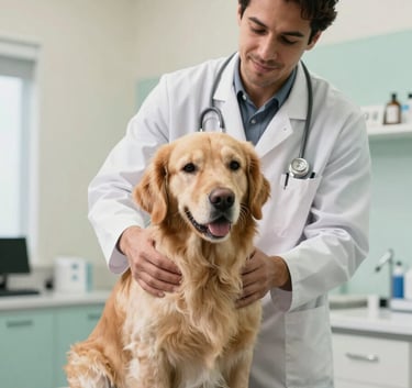 A professional veterinarian gently examining a calm golden retriever in a bright, modern Latin American / Spanish clinic, soft daylight, mint cream walls.