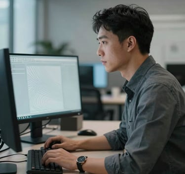 A focused professional in a modern North American office setting looking at high-resolution monitors displaying subtle abstract patterns, soft lighting, professional and authoritative atmosphere using dark gray and light blue tones.