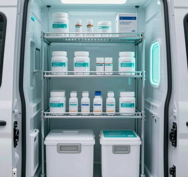 Inside a temperature-controlled medical courier vehicle showing specialized racking for pharmaceutical and pathology samples. Clean, high-tech, clinical feel with teal lighting accents (#3B6B7C).