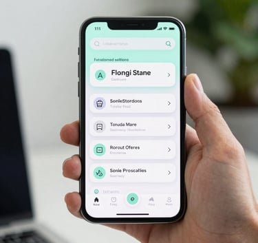 A close-up shot of a smartphone displaying a sleek, modern app interface, held by a person in a professional North American / US office environment, blurred background with soft mint white and dark forest green tones.