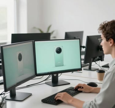 A mobile developer working on multiple high-end monitors in a bright, modern North American / US studio space, creative atmosphere, featuring soft mint white and muted sage color palette.